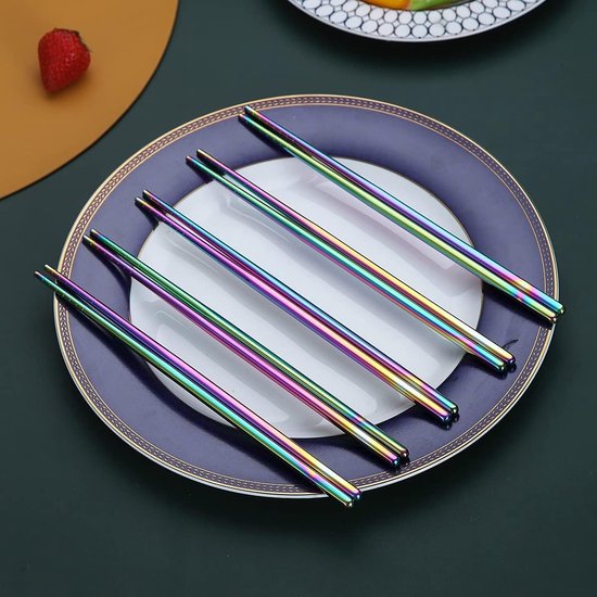10 paar herbruikbare eetstokjes, titanium regenboogcoating roestvrijstalen metalen eetstokjes, Japanse Chinese Koreaanse eetstokjes vaatwasmachinebestendig, 8,9 inch (kleurrijk / eetstokjes)