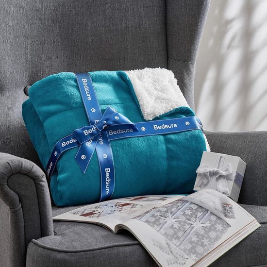 Deken voor de bank, knuffeldeken, turquoise, warme Sherpa bankovertrek, deken, dikke bankdeken, 230 x 270 cm, wollige woondeken voor de bank