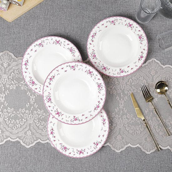 Set van 4 witte soepkommen van keramiek Ø 218 mm diep soepborden set van porselein, roze bloemen pastaborden