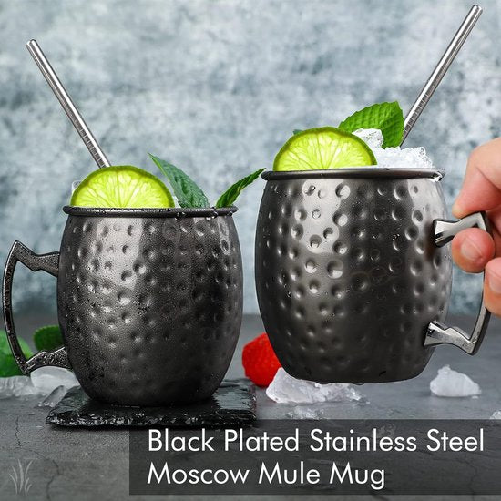 Mokken Set van 4 zwarte Moskou Mule Mok 530 ml Gunmetal Zwart Vergulde RVS Mok Dubbele Jigger Gekoelde Koude Drank Cocktailbekers Drinkwaren Met Geschenkdoos