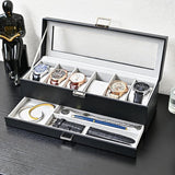 Horlogedoos met 6 vakken, horlogedoos met glazen deksel, 2 niveaus, horlogekoffer met uitneembaar horlogekussen, horlogedoos voor sieraden, ringen, armbanden en halskettingen, zwart