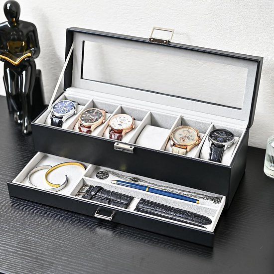 Horlogedoos met 6 vakken, horlogedoos met glazen deksel, 2 niveaus, horlogekoffer met uitneembaar horlogekussen, horlogedoos voor sieraden, ringen, armbanden en halskettingen, zwart