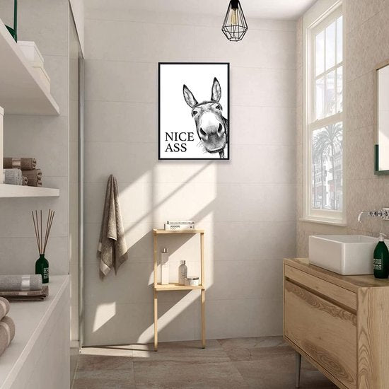 Badkamerdecoratie foto's, zwart en wit, schattige ezel, canvas, wanddecoratie, humor dieren, badkamer, kunstdrukken, rustieke boerderijstijl, toiletdecoratie, 20 x 30 cm
