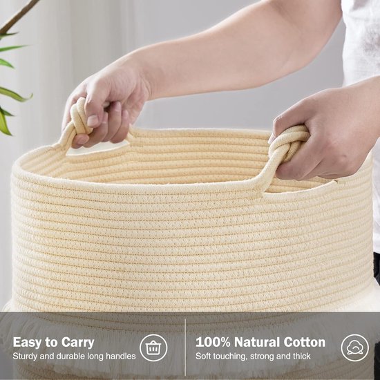 Cotton Rope Laundry Basket, Storage Basket, Boho Decorative Basket, Braided Laundry Hamper with Handles, Toy Storage for Children's Room, 40 x 33 cm, Beige