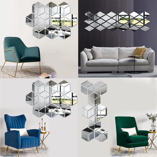 24 stuks zelfklevende 3D acryl wandspiegel, 14 x 8 cm, afneembare driehoekige doe-het-zelf spiegelstickers, tegelstickers, voor woonkamer, slaapkamer, huis (zilver)
