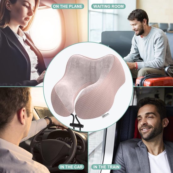 Nekkussen vliegtuig, reiskussen auto van traagschuim met fluweelzachte overtrek, nekkussen voor volwassenen, voor reizen, camping, kantoor en huis (roze)