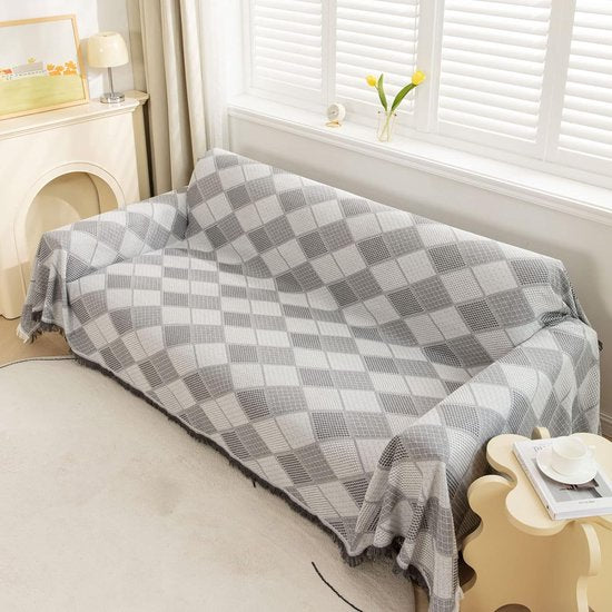 Diamantpatroon Bankkleed Deken Omkeerbaar XXL Grote bankkleed Bankhoes Decoratieve bankhoes Bankdekens voor het bedekken van sprei met kwastjes - Lichtgrijs, 180x340cm