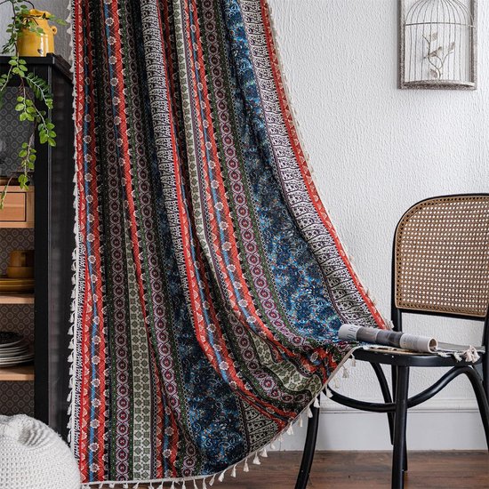 Boho gordijnen set van 2 gordijnen met beige kwastjes katoen linnen halfverduisteringsgordijnen doorschijnende gordijnen met stangdoorgang voor woonkamer slaapkamer, 240 x 150 cm (HxB)