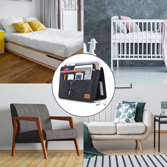 Bedorganizer met ophangsysteem, bedtas om op te hangen, dik vilt, antislip met gesp, voor baby's en kinderen, afstandsbedieninghouder, bank, bedside hanging, opbergorganizer (zwart)