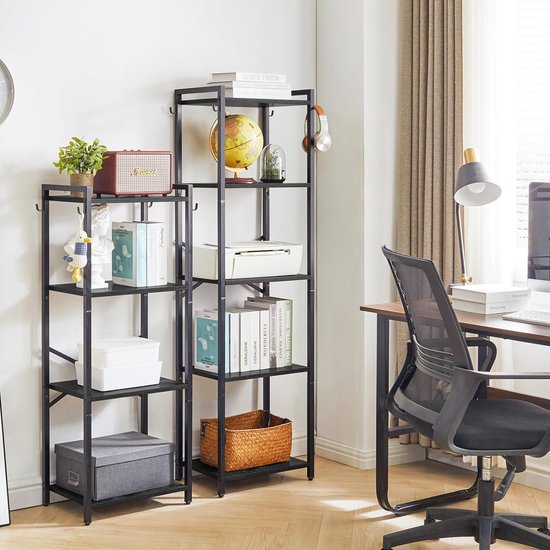 Boekenrek, 4 verdiepingen opbergrek, plantenrek, opbergrek met stalen frame, voor woonkamer, kantoor, werkkamer, hal, industriële stijl, zwart