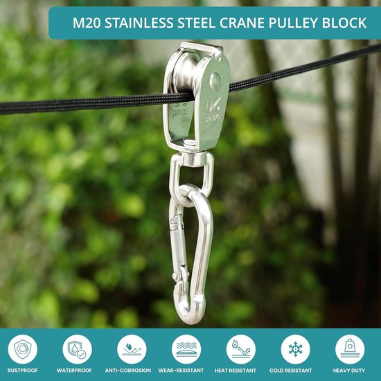 2x roestvrijstalen M20 katrol katrollen voor touwenset - draaibare haak katrol nylon touw karabijnhaak clip & oogkussenplaat - 150 kg draagvermogen