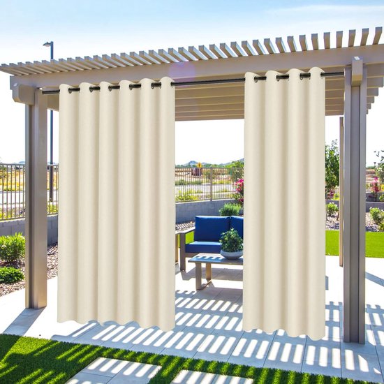 Buitengordijnen, waterdicht verduisteringsgordijn met oogjes, buitengordijnen met UV-bescherming, winddicht, ondoorzichtig voor paviljoen, balkon, tuin, terras (beige, set van 2 / 132 x 213 cm)