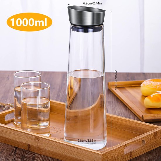 Glazen karaf, 1 liter, glazen karaf met deksel, basic waterkaraf van glas voor warm koud water, dranken, ijsthee, melk, koffie, wijn, zelfgemaakte dranken, thee, transparant