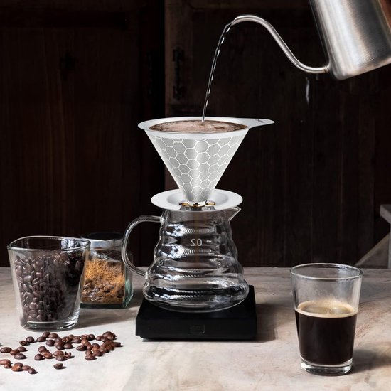 Over koffiefilter, herbruikbare roestvrijstalen permanente koffiezeef, papierloze permanente koffiezeef, metalen kegel- koffiefilter met sokkel en reinigingsborstels