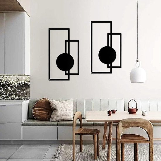 2 stuks metalen wanddecoratie, metaal, geometrische wanddecoratie, zwart metaal, minimalistische wanddecoratie, metaal, verticale abstracte muurkunst voor thuis, woonkamer, slaapkamer (geometrisch)