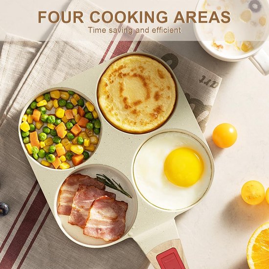 Gebakken eierpan met afneembaar handvat, pannenkoekpan inductie 4 gaten met antiaanbaklaag - wit