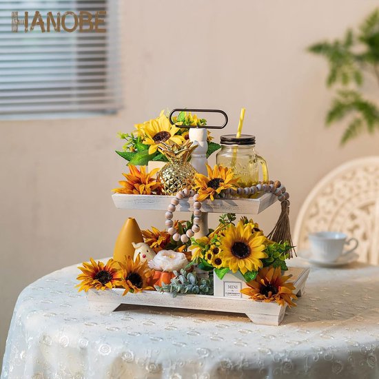 Decoratief dienblad Groot wit gewassen houten dienblad Rechthoekig hout met 2 niveaus Boerderij Decoratief dienblad Vintage shabby dienbladen voor thuis Koffiehoek Doucheruimte