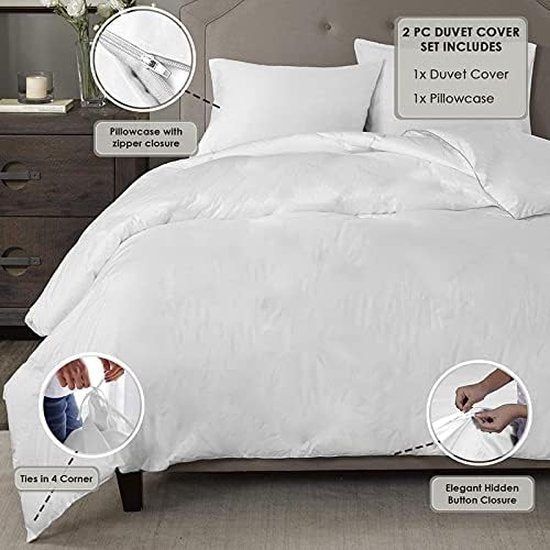 600 Thread Count Cotton Bed Linen, 100% Long Staple Cotton Duvet Cover and Pillowcase, 100% Cotton Mako Satin, 2-Piece Bedding Set, 135 x 200 cm + 80 x 80 cm, White