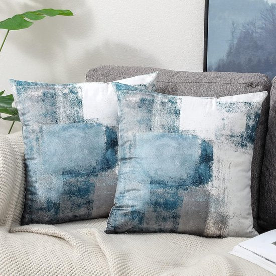 Decoratieve kussensloop, 40 x 40 cm, set van 2 fluwelen kussenslopen, blauw, bank, landhuisstijl, esthetisch sierkussen, vierkant, bankkussen, outdoor kussen, sierkussen