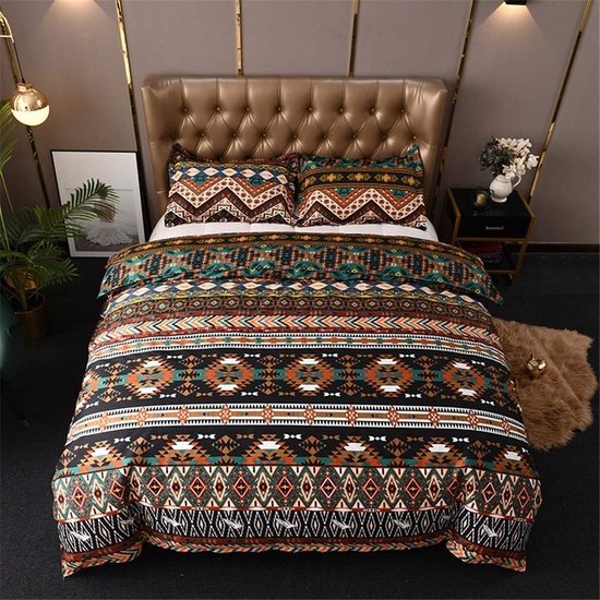 Bohemian beddengoedset, 135 x 200 cm, 2-delige Indiase mandala, zachte microvezel, Boheems, exotisch, bruin, groen, geometrisch gestreept patroon, vintage dekbedovertrek met ritssluiting