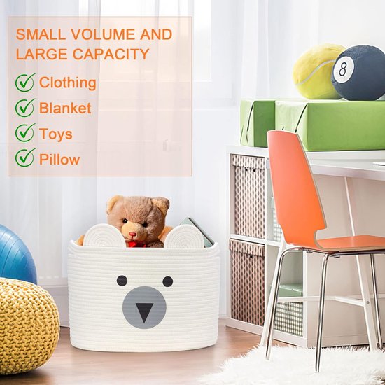Katoenen kinderopbergmand voor speelgoed en wasgoed, wasmand en speelgoedmand in één, kinderkamerdecoratie witte beer