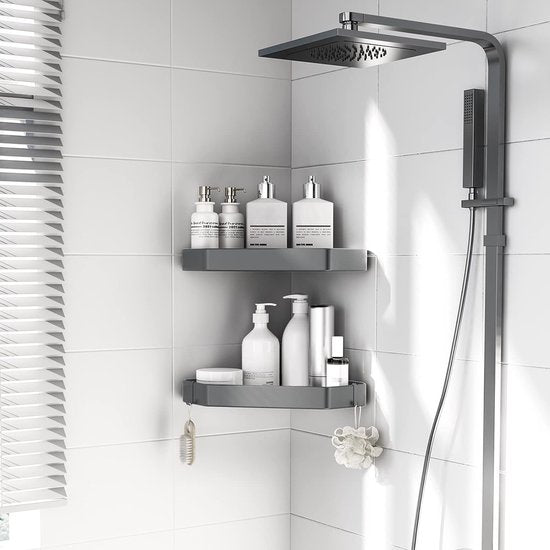 Doucheplank zonder boren doucherek aluminium driehoek douchemanden 2 stuks badkamerrek met 2 haken badkamerrek keukenrekken, lichtgrijs