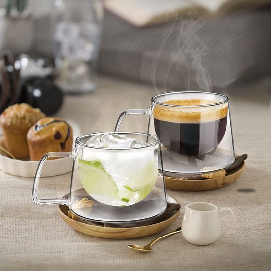 Dubbelwandige koffieglazen, 2 x 300 ml koffieglazen, dubbelwandig met handvat, latte macchiato-glazen, cappuccinokopjes, espressokopjes, thermoglazen, dubbelwandig, dubbelwandige glazen