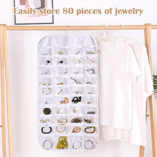 Sieradenorganisator met 80 zakken Transparante hangende organisator Sieradenhouder Opbergtas voor oorbellen Kettingen (wit)