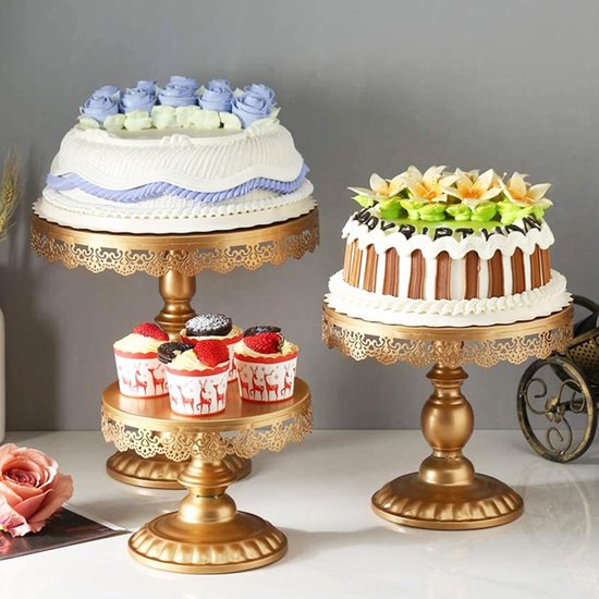 Vintage ronde metalen taartstandaard set; cupcake-donuts vruchten gebak snoep display plaat; 6 stuks voor feest bruiloft