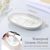 Keramische zeepbakje, cosmeticadienbladen, marmeren zeephouder met gouden rand, ovaal, zeepbakje, organizer, zeeponderzetter, dienblad voor keuken, badkamer, wastafel, marmerwit