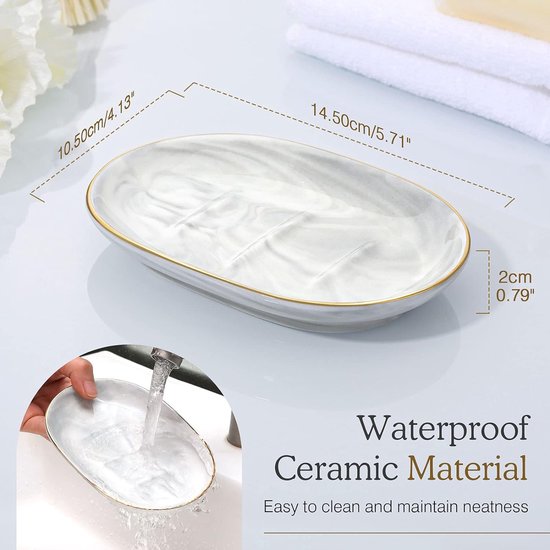 Keramische zeepbakje, cosmeticadienbladen, marmeren zeephouder met gouden rand, ovaal, zeepbakje, organizer, zeeponderzetter, dienblad voor keuken, badkamer, wastafel, marmerwit