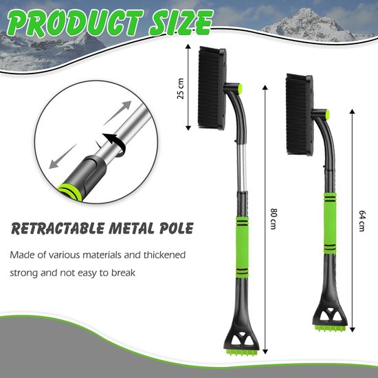 IJskrabber met bezem, 80 cm, 3-in-1 auto reinigingsborstel, sneeuwborstel met 360 graden borstelkop, sneeuwborstel met schuimrubberen handgreep voor auto's, vrachtwagens, SUV's
