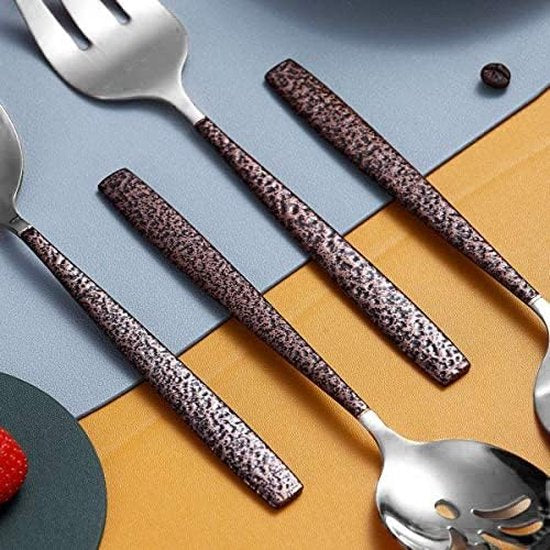 30-delige bestekset met handvat in maanoppervlak en glanzende gouden titaniumcoating, moderne roestvrijstalen bestekset, bestekset, 6 couverts.