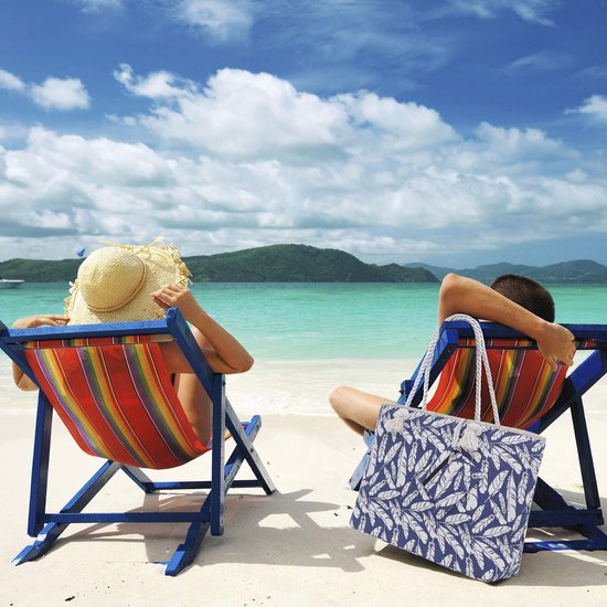 Grote strandtas met ritssluiting 58 x 38 x 18 cm verenopdruk shopper schoudertas strandstijl, blauw