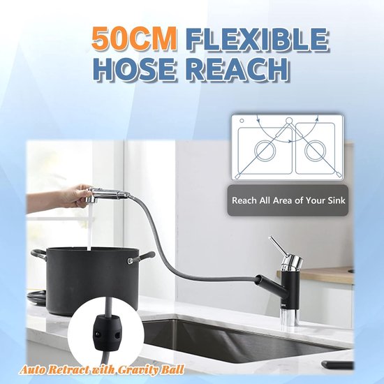 Keukenkraan 360 ° draaibare waterkraan uittrekbaar roestvrij staal geborsteld hogedruk eenhands wastafelarmatuur 2 straalsoorten mengkraan ( - chroom en matzwart)