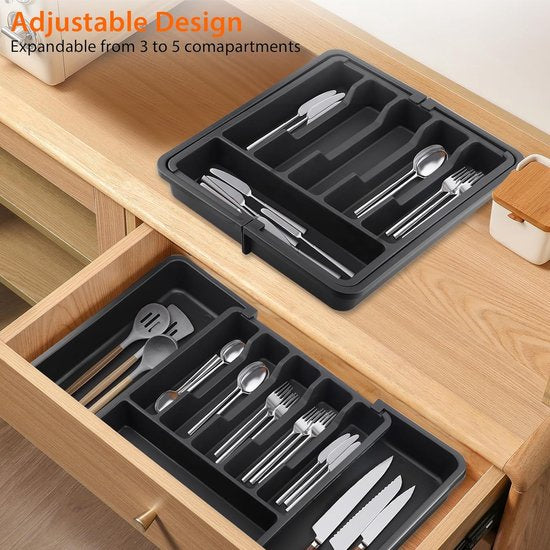 Bestekhouder, bestekbak, uittrekbare bestekhouder voor laden, van kunststof, met 8 vakken, geschikt voor lepels, vorken, messen (33,5-56,5 x 6 x 37,5 cm) (zwart)