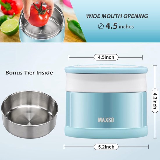 Thermische container voor voedsel 700 ml, roestvrijstalen warmhoudcontainer met lepel, thermische lunchbox, warmhouddoos met brede mond, voedselcontainer, lekvrij voor soepen, pap, babypap, blauw