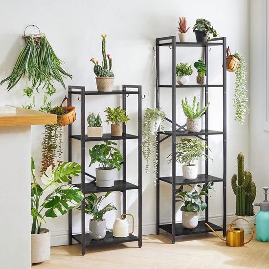 Boekenrek, 4 verdiepingen opbergrek, plantenrek, opbergrek met stalen frame, voor woonkamer, kantoor, werkkamer, hal, industriële stijl, zwart