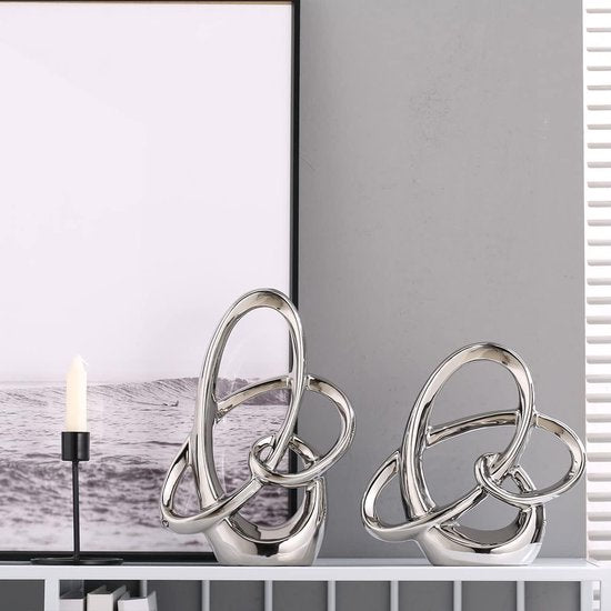 Modern zilver decor keramiek beeld - abstract huisaccent en tafelbeeldje voor woonkamer, slaapkamer, badkamer, kantoor, plank, schoorsteenmantel - bruiloft, eetkamerdecoratie
