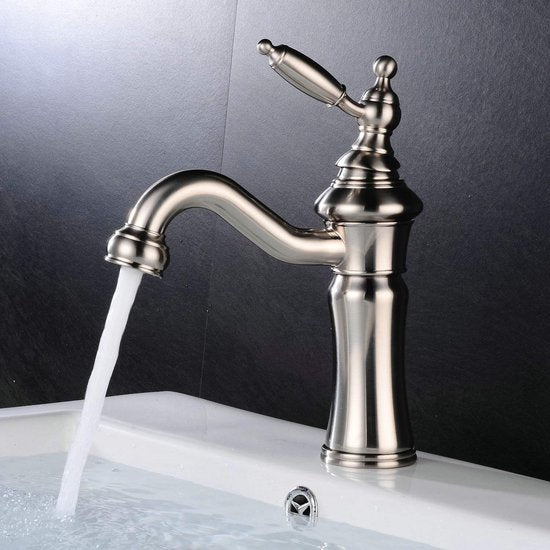 Badkamer Wastafelkraan Geborsteld Nikkel Enkele Handgreep Messing Enkel Gat Montage