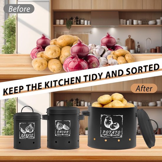3-pack aardappelbewaardoos, veelzijdige aardappelpottenset met ventilatiesysteem houdt groenten langer vers, ideaal voor uienopslag en aardappelopslag (zwart)