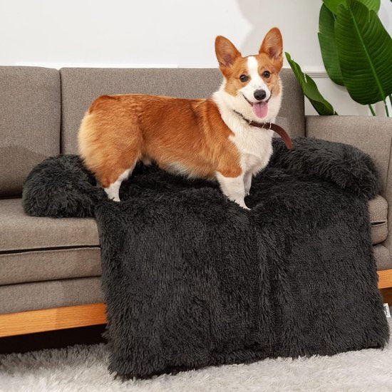 Sofa Protector Hondenbed Honden, Wasbare Bankbescherming Hondendek, Waterdichte en Antislip Hondenbank met Rits, Hondenbed voor Bank, Pluizig, Cadeau voor Honden Katten (S, Zwart)