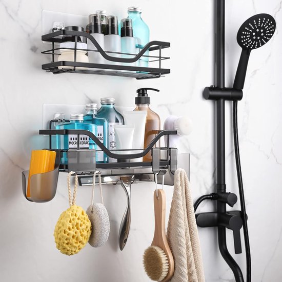 Doucheplank zonder boren, 2 stuks, zwart, van roestvrij staal, rek, zelfklevend, wandrek met 10 haken, doucheplank voor shampoohouder voor badkamer en keuken