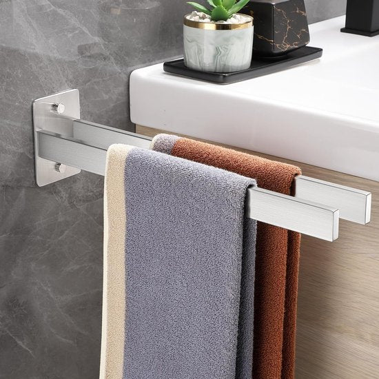 Towel Rail Drilling Stainless Steel, Towel Rail Double Towel Rail Square Towel Holder Wall Bath Towel Holder for Bathroom and Kitchen 38 cm, Silver