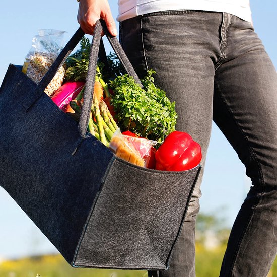 Premium vilten tas - als hoogwaardige boodschappentas, chique vrijetijdstas of badtas, krantenmand, vilten mand, boodschappenmand, stevige brandhouttas - tweekleurig grijs en rood