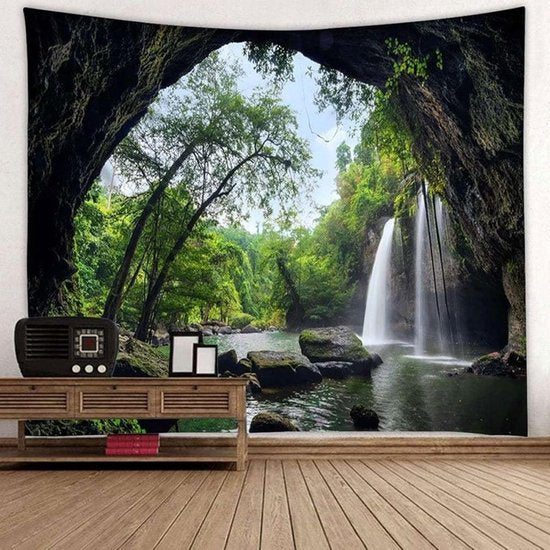 Wanddoek meer, wandtapijt waterval in het bos, wandtapijt grot, wandtapijt rivier, wandtapijt natuur, wandtapijt jungle, zen boom wandtapijt 260x240 cm.