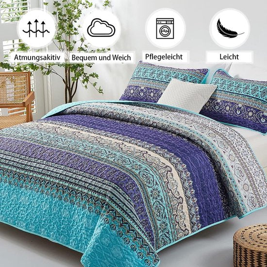Sprei van 200 x 220 cm, bedsprei, bohodeken, dekbed, 3-delig, tweepersoonsbed, doorgestikt, microvezel, woondeken met 2 kussenslopen van 50 x 75 cm, voor slaapkamer, blauw