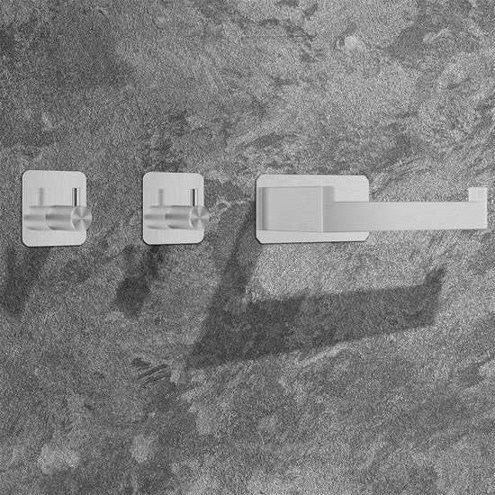 Toiletpapierhouder zonder boren, zelfklevende toiletpapierrolhouder, roestvrij staal, wc-houder, rolhouder, papierhouder met 2 stuks handdoekhaken voor badkamer en keuken, zilver