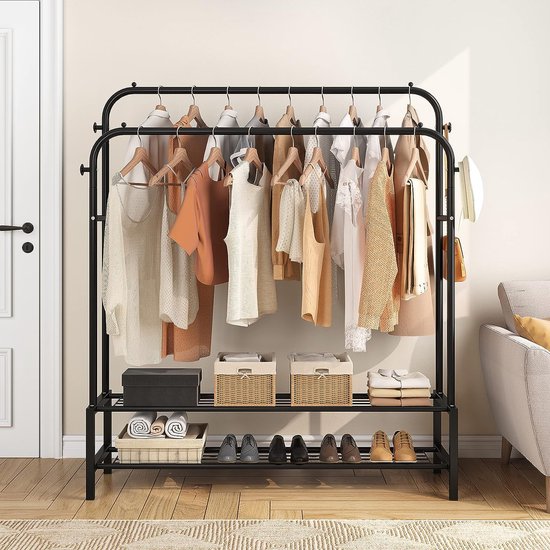 Kledingrek met 2 kledingstangen, kapstok van metaal met 2 lagen vloerplanken en 4 haken, tassen en schoenen opbergen, geschikt voor slaapkamer en woonkamer