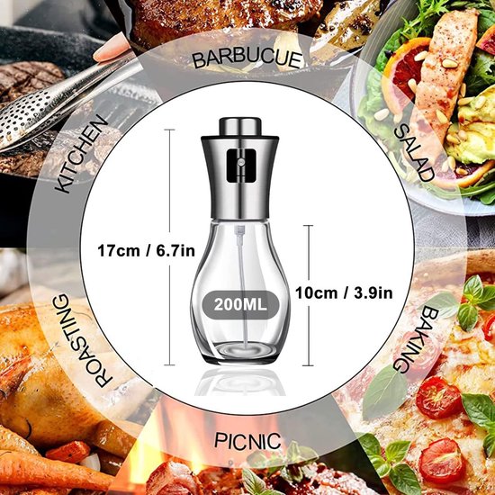 Oliesproeier voor spijsolie, spuitfles, olie, glas, roestvrij staal, oliespray voor het koken, olijfolie, oliedispenser, verstuiver, oliespray, levensmiddelecht, caloriearm, voor